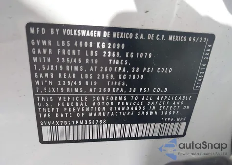 2023 Volkswagen Taos 1.5T Sel z USA, uszkodzony, nr VIN 3VV4X7B21PM358768